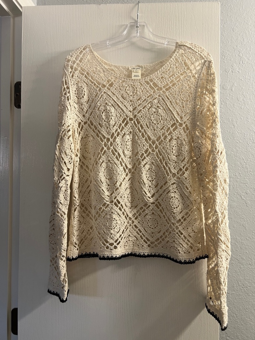 Ultra Pink Openwork Crochet Knit Top in Cream
